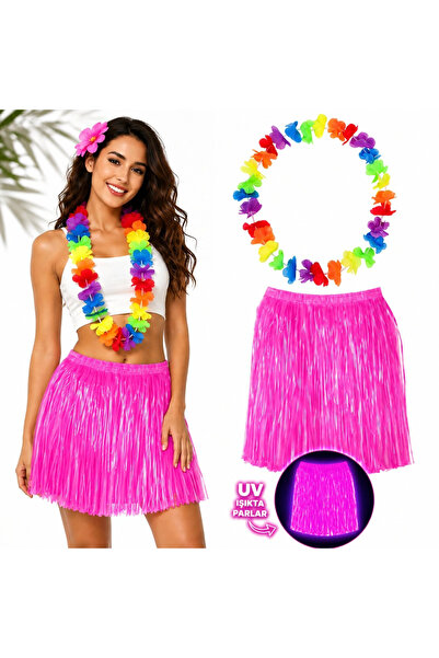 SORA GROUP Neon Pink Hawaiian Skirt 40 cm and Colorful Hawaiian Necklace Bx40