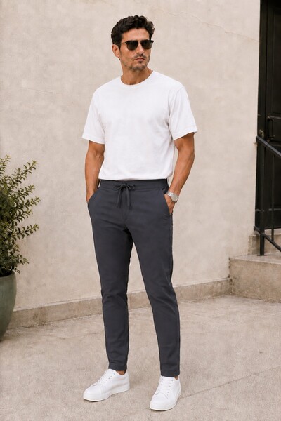 LAVOS Erkek Füme Renk Dokuma Kumaş Jogger Stil Bilek Boy Pantolon Regular Fit...