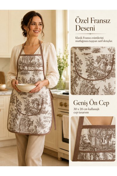 Kitchen Vogue Kitchen Apron with French Pattern, Stain-Resistant, Water-Repellent, Colorfast Fabric, Women's Cooking Apron with Pockets