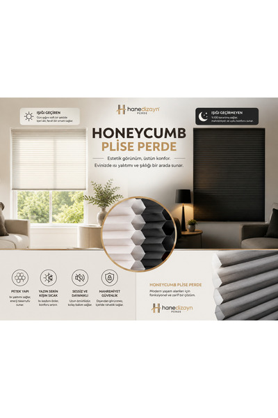 HANEDİZAYN %100 Blackout Karartma HONEYCOMB Plise Perde – Işık Geçirmeyen Isı...