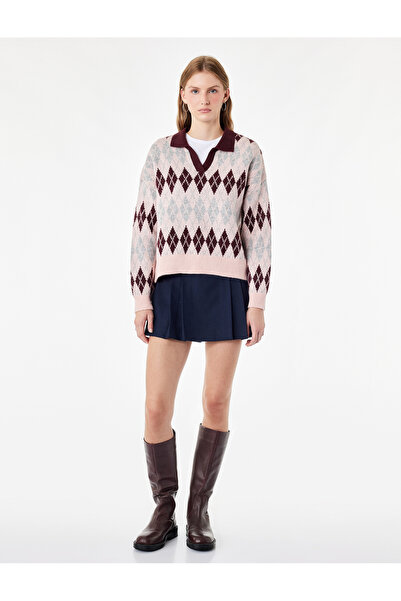 Koton Regular Fit Polo Collar Long Sleeve Knitwear Argyle Patterned Sweater