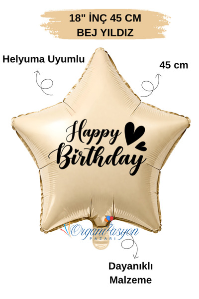 Organizasyon Pazarı 18 Inch Beige Star Foil Balloon |   Happy Birthday Heart ...