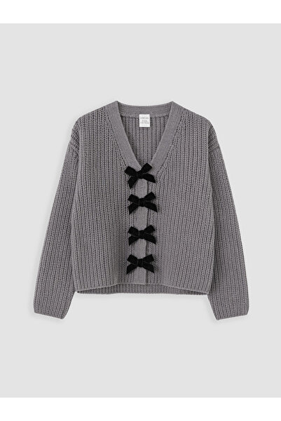 LC Waikiki Bow Detailed V-Neck Girls' Knitwear Cardigan