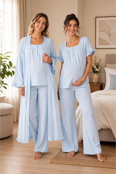 by İGP Soft Muslin Fabric Maternity Pajama Set with Dressing Gown Effortt