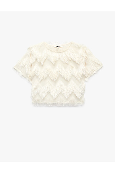 Koton Peluş Detaylı Bisiklet Yaka Kısa Kollu Crop Bluz