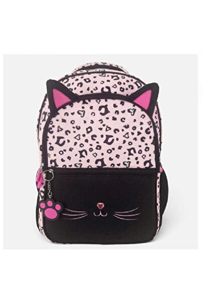 Generic Brand Ghiozdan Pisicuta Negru si Roz Leopard cu Breloc 30x16x42cm