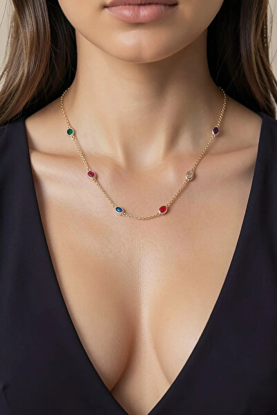PRVT Gold Color Rainbow Stone Necklace