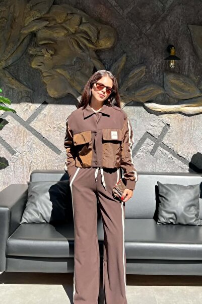 sunfyre Women's Striped Technical Fabric Detailed Jacket-Pants Set Sun450