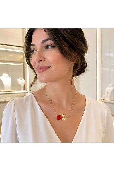 Genel Markalar Kırmızı Gül Modelli Yatay Gold Renk Kolye