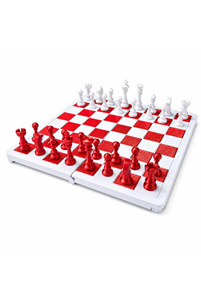 DoBi3D Katlanabilir Mini Satranç Takımı – Beyaz & Kırmızı | 21 x 21 cm | Taşı...