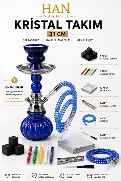 Han Tobacco Kristal Nargile Takımı 32 cm – Komple Set, 7 Parça Hediye, Cam Na...