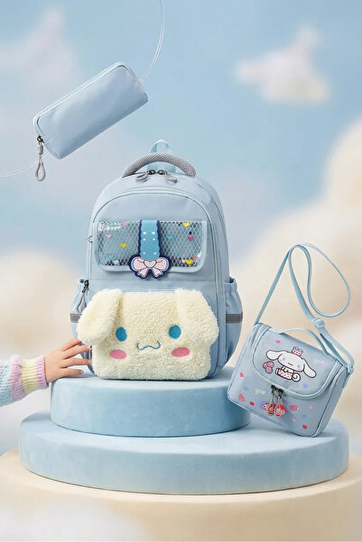 Genel Markalar Cinnamoroll Konseptli Peluş Ön Cepli Açık Mavi 3'lü Okul Çanta...