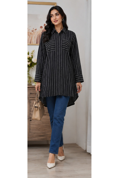 6TEEN Black Striped Embroidered Long Tunic