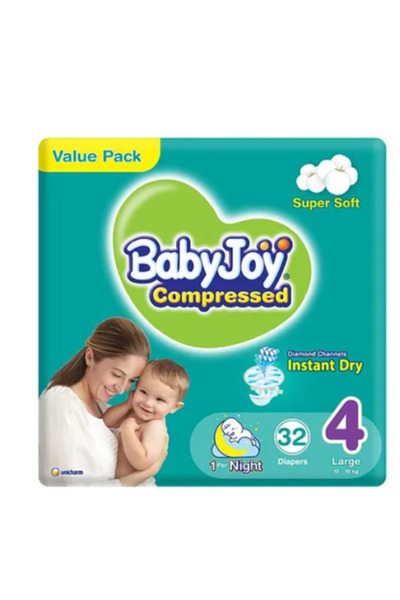 Baby Joy حفاضات مضغوطة بحشوة ماسية مقاس 4 - 32 قطعة