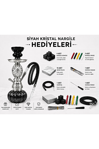 Han Tobacco Kristal Nargile Takımı 32 cm – Komple Set, 7 Parça Hediye, Cam Nargile
