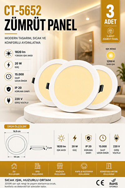 Yenilig 3 Adet CT-5652 Zümrüt Panel LED 20W 3200K Sarı Işık Beyaz Kasa – 16,9...