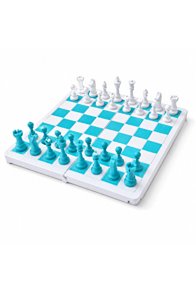 DoBi3D Katlanabilir Mini Satranç Takımı – Beyaz & Turkuaz | 21 x 21 cm | Taşı...