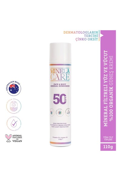 Minela Care 100% Organik Mineral Filtreli Yüz ve Vücut Güneş Kremi Spf 50 110...