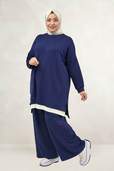 Eslina 67070 Plus Size Garni Detailed Modal Pants Suit - Indigo