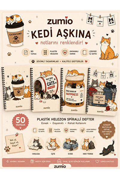 zumio Kedi Temalı 4'lü A5 Çizgisiz Defter Seti 50 Yaprak