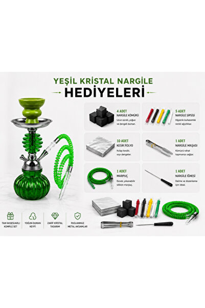 Han Tobacco Kristal Nargile Takımı 32 cm – Komple Set, 7 Parça Hediye, Cam Nargile