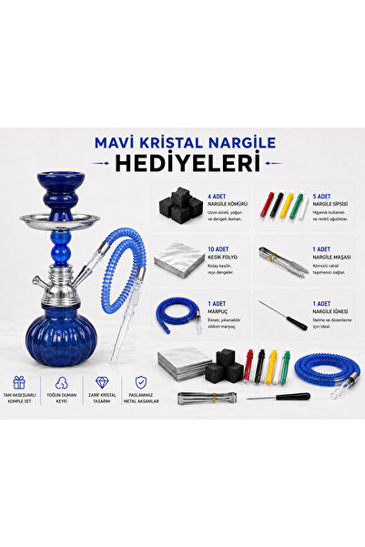 Han Tobacco Kristal Nargile Takımı 32 cm – Komple Set, 7 Parça Hediye, Cam Nargile