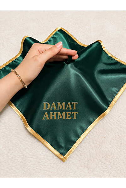 ELYNA Yeşil İsimli Damat Mendili Gold Biyeli Kare Halay Mendili Söz Nişan Düğ...