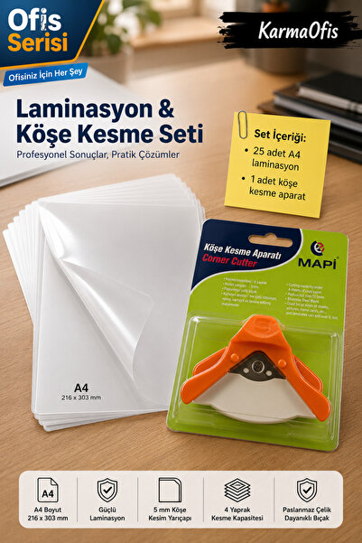 KarmaOfis A4 Laminasyon Filmi 25 Adet – 216x303 mm ve Turuncu Köşe Kesme Apar...