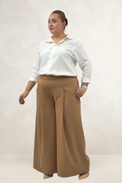 Eslina 69020 Plus Size Double Skirt Trousers with Elastic Waist - Tan