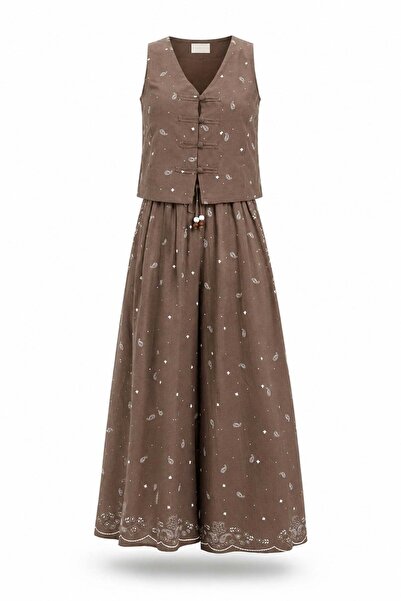 5in1Canpolat Brown Patterned Vest and Trousers Set