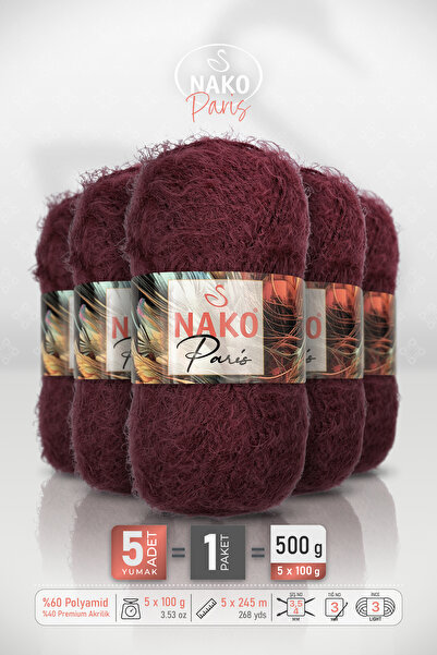 NAKO PARIS • Burgundy (11273) • Pachet de 5 bucăți • 100 g / 245 m • Fir de t...