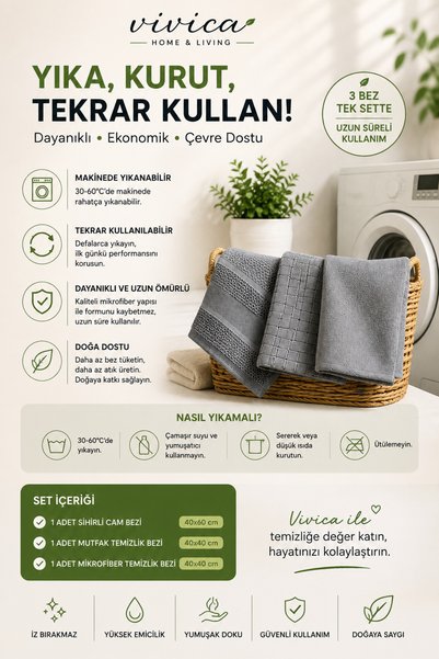 VİVİCAHOME 3-Piece Multi-Purpose Cleaning Cloth Set – Microfiber Cloth Set for Glass, Kitchen, Countertops, and General Cleaning