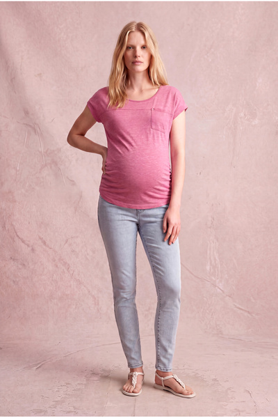 WESTMARK LONDON Maternity Cotton Fuchsia Short Sleeve Wide Collar Pocket Deta...