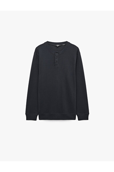 Koton Long Sleeve Cotton Waffle Textured Henley Collar Sweatshirt