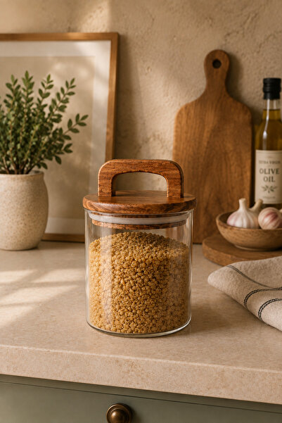 Durina Living 650 ml Glass Jar Acacia Wood Vacuum Lid Food Storage Container