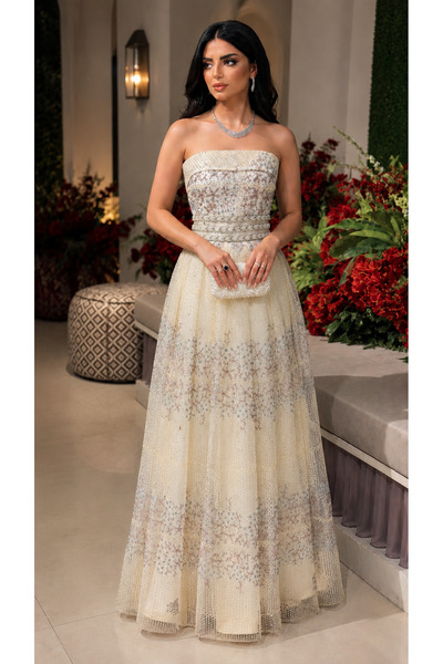 RASHA FASHION Off White Evening Dress with Embroidered Pearls and Shiny Beads