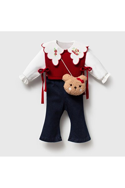 Luna Kids Store Girl's Lapel Embroidery Detailed Shirt, Sweater, Jeans and Ba...