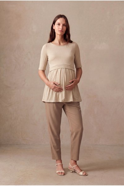 WESTMARK LONDON Maternity Viscose Blended Oatmeal Beige Half Sleeve Crew Neck Blouse with Breastfeeding Function Alivia