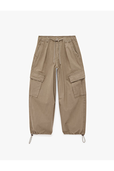 Koton Cotton Gabardine Cargo Trousers with Lace-Up Waist and Pocket Detail wi...