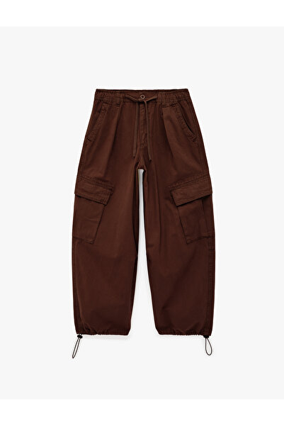 Koton Cotton Gabardine Cargo Trousers with Lace-Up Waist and Pocket Detail wi...