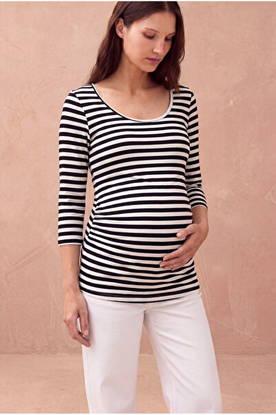 WESTMARK LONDON Maternity Cotton Snow White / Black Striped 3/4 Sleeve Crew N...