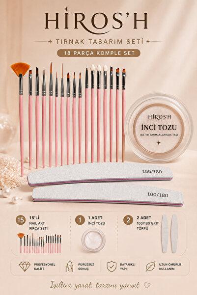 HİROS'H 18 Parça Komple Nail Art ve Tırnak Süsleme Seti İnci Tozu Kağıt Törpü...