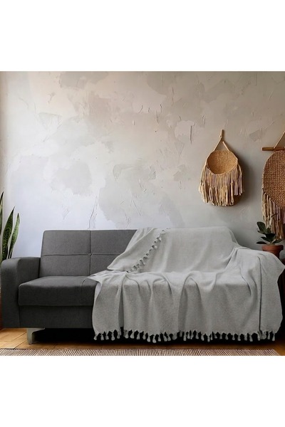 home otanticca Gray Fringed Hand-Tied Sofa Cover 180X210Cm