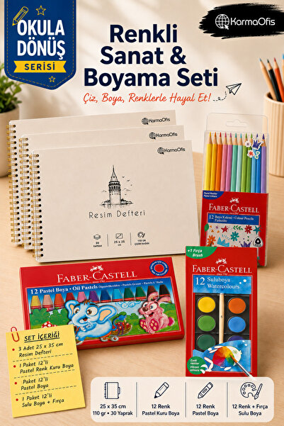 Faber Castell 25x35 cm 110 gr Bloc de desen spiralat Set de 12 vopsele uscate...