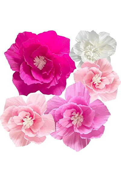 Generic 5 Pcs Pink and White Paper Flowers, Crepe Tissue Flower Decorations f...