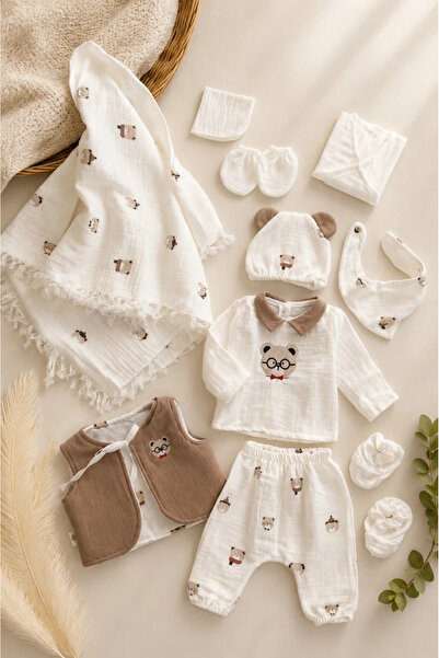 hümabebe Muslin Fabric 10-Piece Newborn Set with Glasses-Wearing Teddy Bear E...