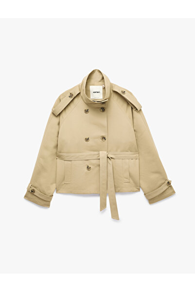 Koton Gabardin Kemerli Cepli Dik Yaka Reglan Kollu Kruvaze Trençkot