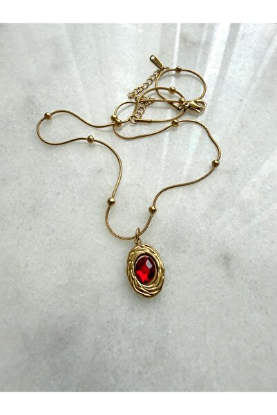 Alya Jewelry قلادة من الفولاذ العتيق بحجر بيضاوي أحمر