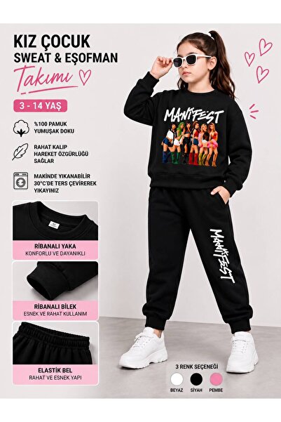 SİBELİZE Girl's Manifest Printed Sweatshirt Tracksuit Set 3 Threaded Yarns