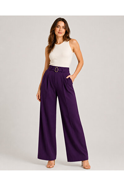 De Carte Women's High Waist Belted Modal Fabric Palazzo Trousers with Pleated...